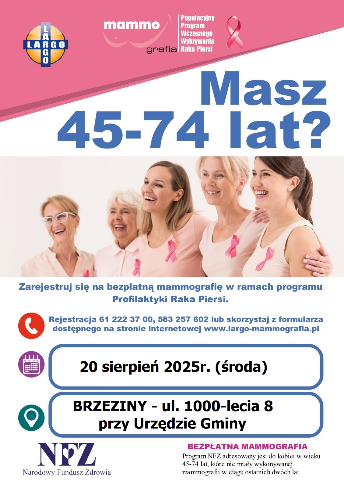 Bezpłatne badania mammograficzne - 20 śierpień 2025r. (środa)