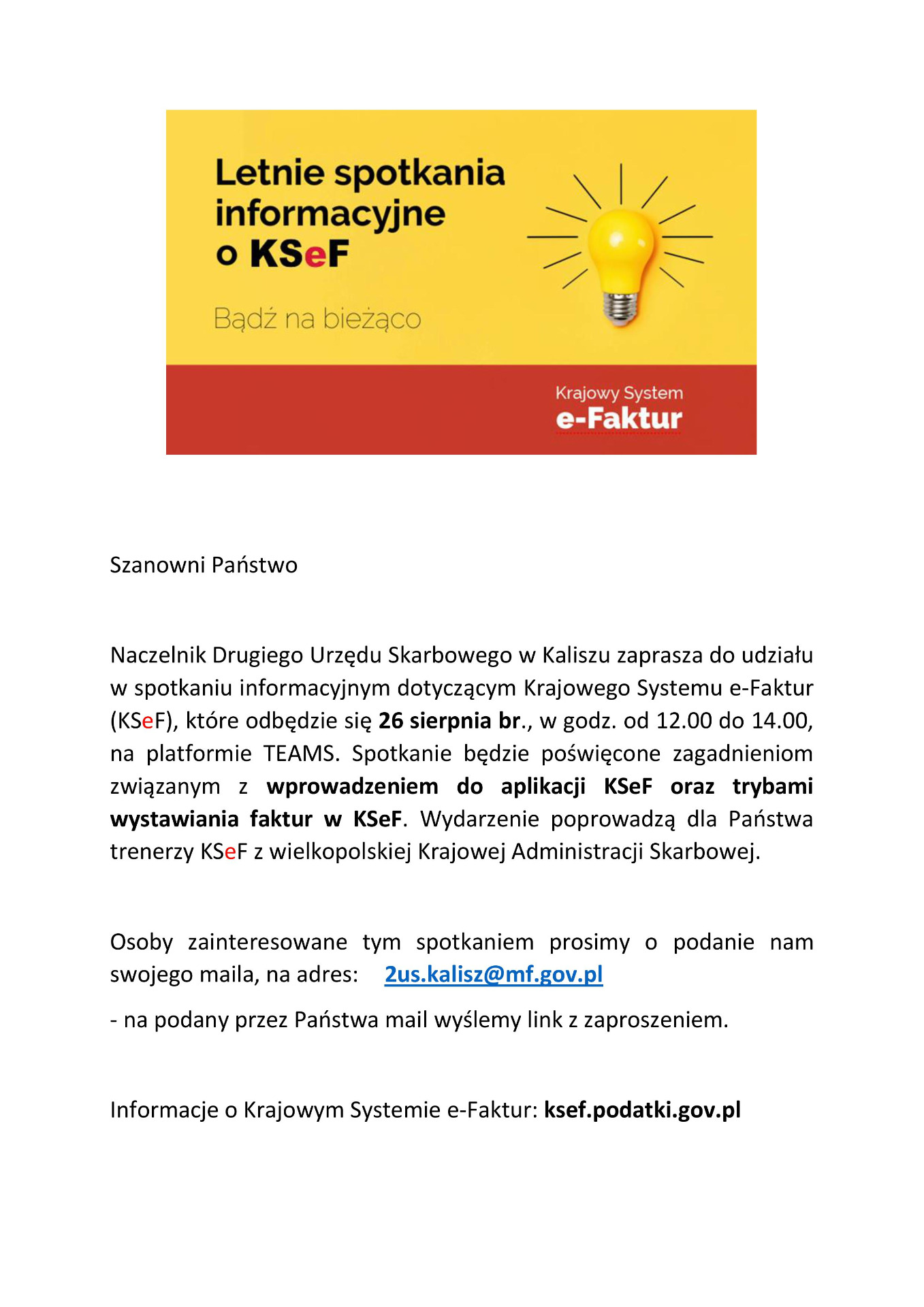 Zaproszenie na spotkanie informacyjne dotyczące Krajowego Systemu E-Faktur (KSEF) 26.08.2025