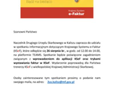 Zaproszenie na spotkanie informacyjne dotyczące Krajowego Systemu E-Faktur (KSEF) 26.08.2025