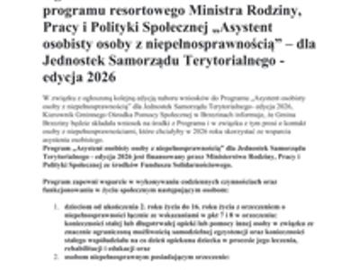 Ogłoszenie o naborze wniosków w ramach programu resortowego Ministra Rodziny, Pracy i Polityki Społecznej „Asystent osobisty osoby z niepełnosprawnością