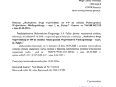 Czasowa zmiana organizacji ruchu m. Palaty związana z realizacjią zadania "Rozbudowadrogi wojewódzkiej nr 449  na odcinku Palaty - granica Województwa Wielkopolskiego - etap I, m. Palaty"