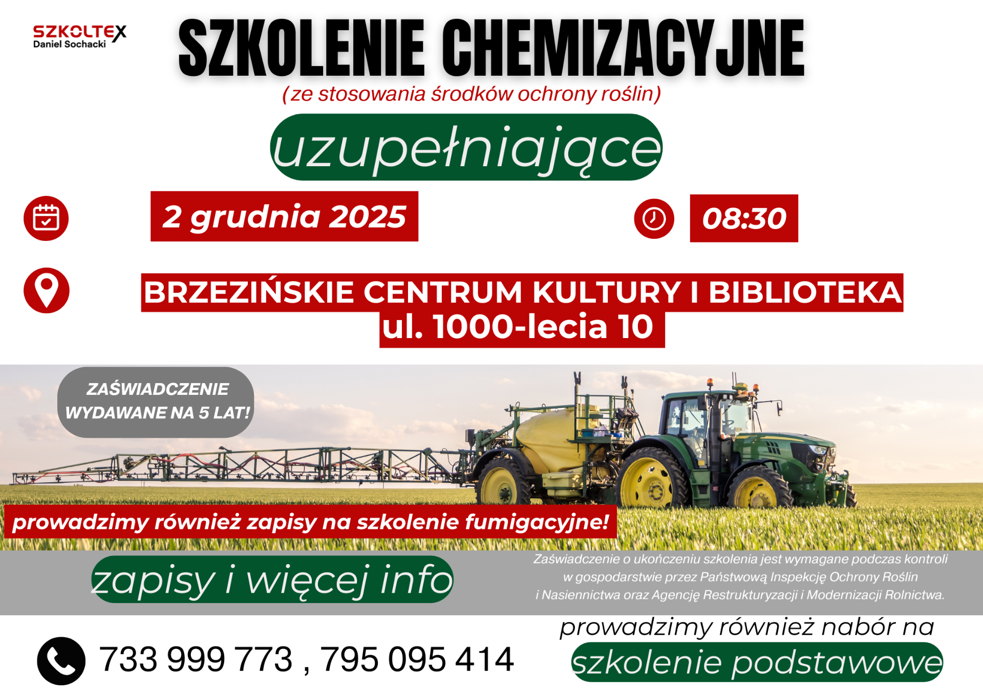 Plakat z informacją o miejscu i terminie szkolenia ze środków ochrony roślin