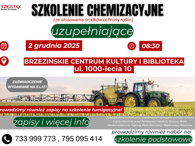Plakat z informacją o miejscu i terminie szkolenia ze środków ochrony roślin