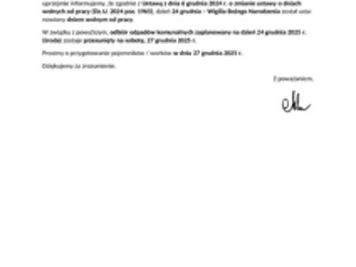 informacja dotycząca zmiany terminu odbioru odpadów komunalnych