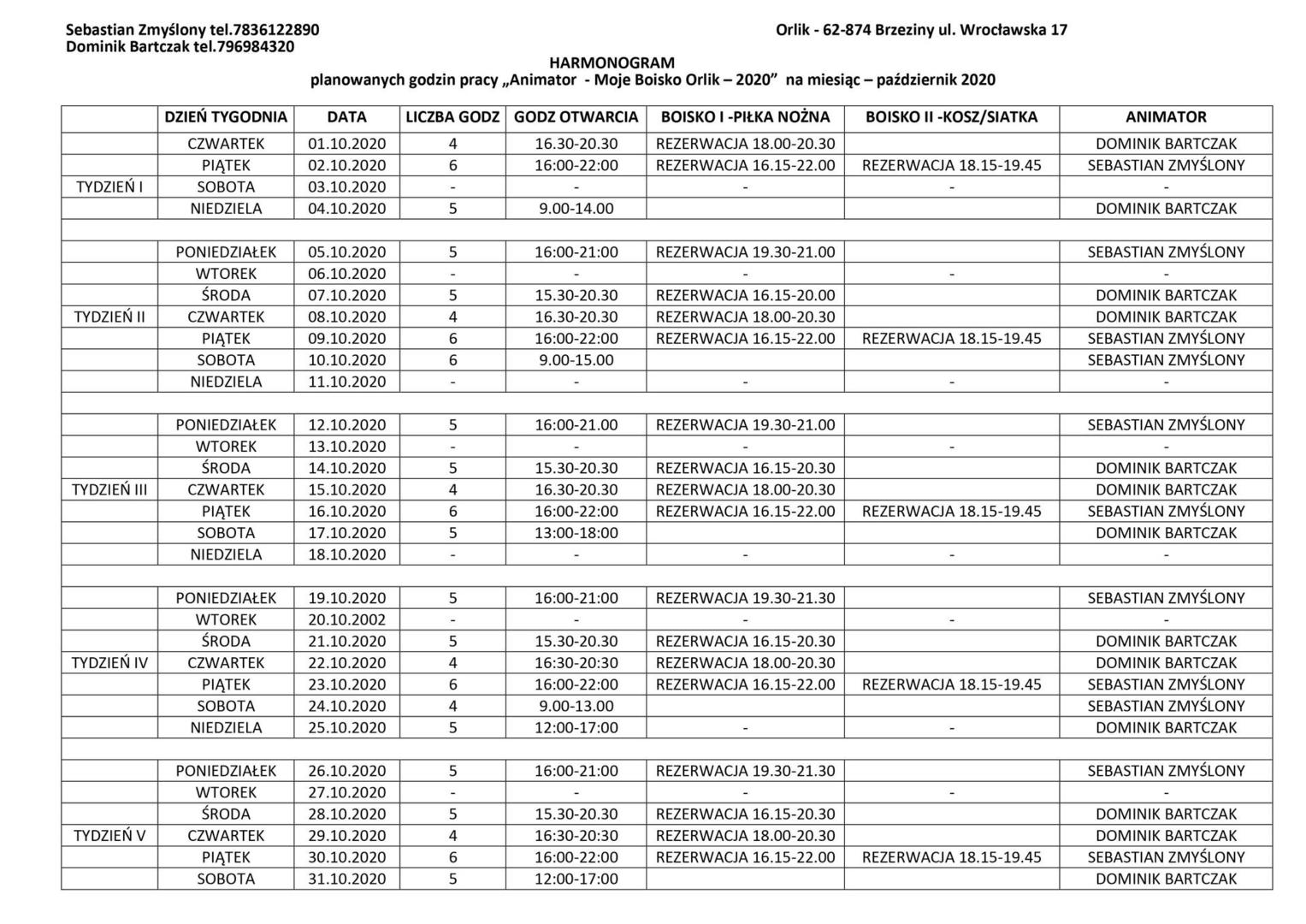Zdjęcie Harmonogram pracy animatorów na terenie boiska Orlik w Brzezinach na miesiąc październik 2020
