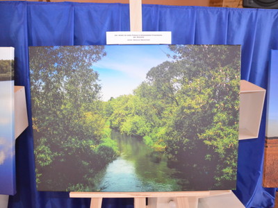 fotografia przedstawiająca widok na rzekę Prosnę w miejscowości Przystajnia w gminie Brzeziny, zdjęcie w formacie 60 cm x 40 cm wystawione na sztaludze.