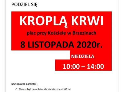 Zdjęcie przedstawia plakat Podziel się kroplą krwi, zachęcający do oddania krwi w Brzezinach w dn. 08.11.2020 r.