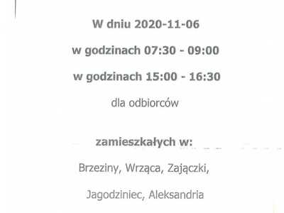 Zdjęcie zawiera informację o przerwie w dostawie energii elektrycznej w dniu 06.11.2020 r. dla odbiorców zamieszkałych w miejscowościach: Brzeziny, Wrząca, Zajączki, Jagodziniec, Aleksandria