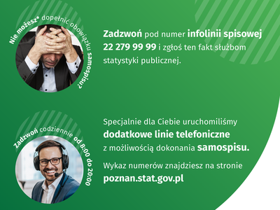 Zdjęcie przedstawia informację o spisie rolnym przez telefon. Po lewej stronie są dwaj mężczyźni.