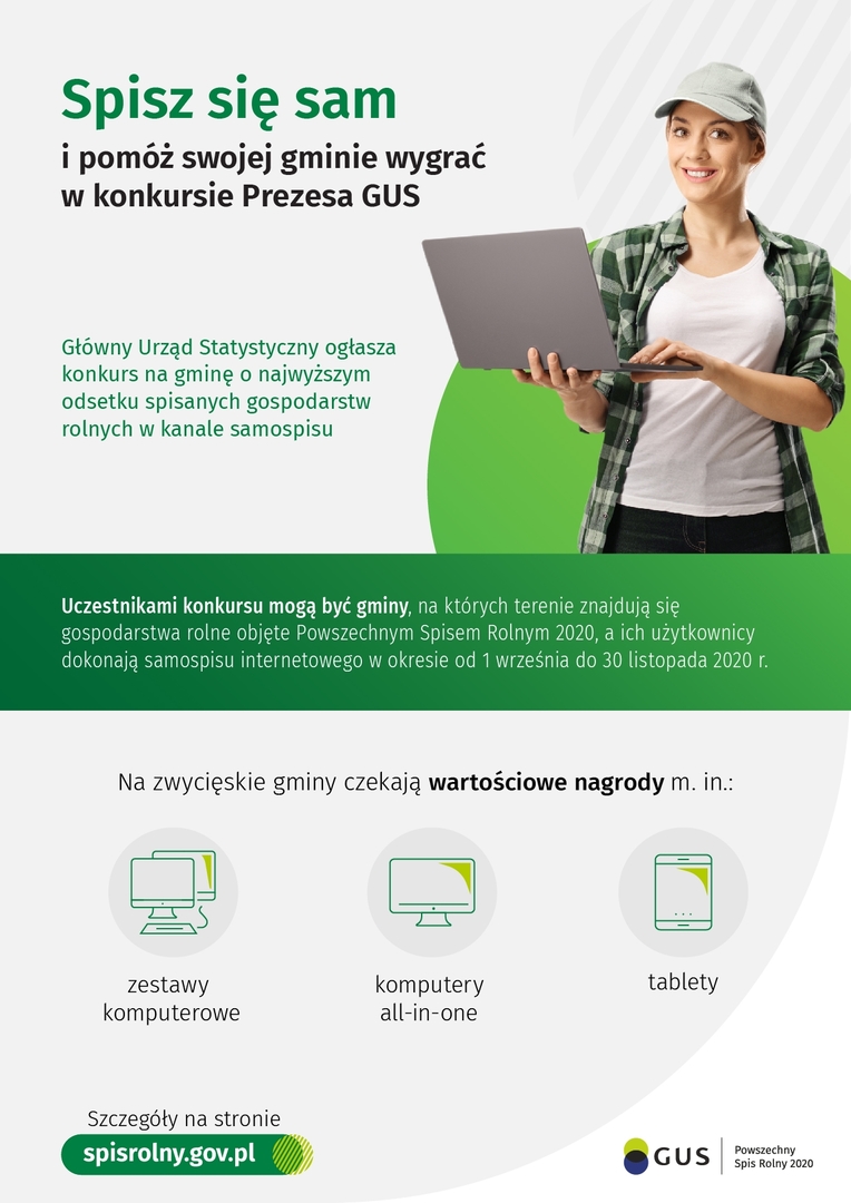 Plakat dotyczący konkursu Prezesa GUS, po prawej stronie na zielonym tle kobieta w czapce trzymająca laptop.
