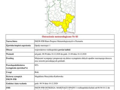 zdjęcie zawiera ostrzeżenie meteorologiczne przed marznącymi opadami w dniu 10.12.2020 r.