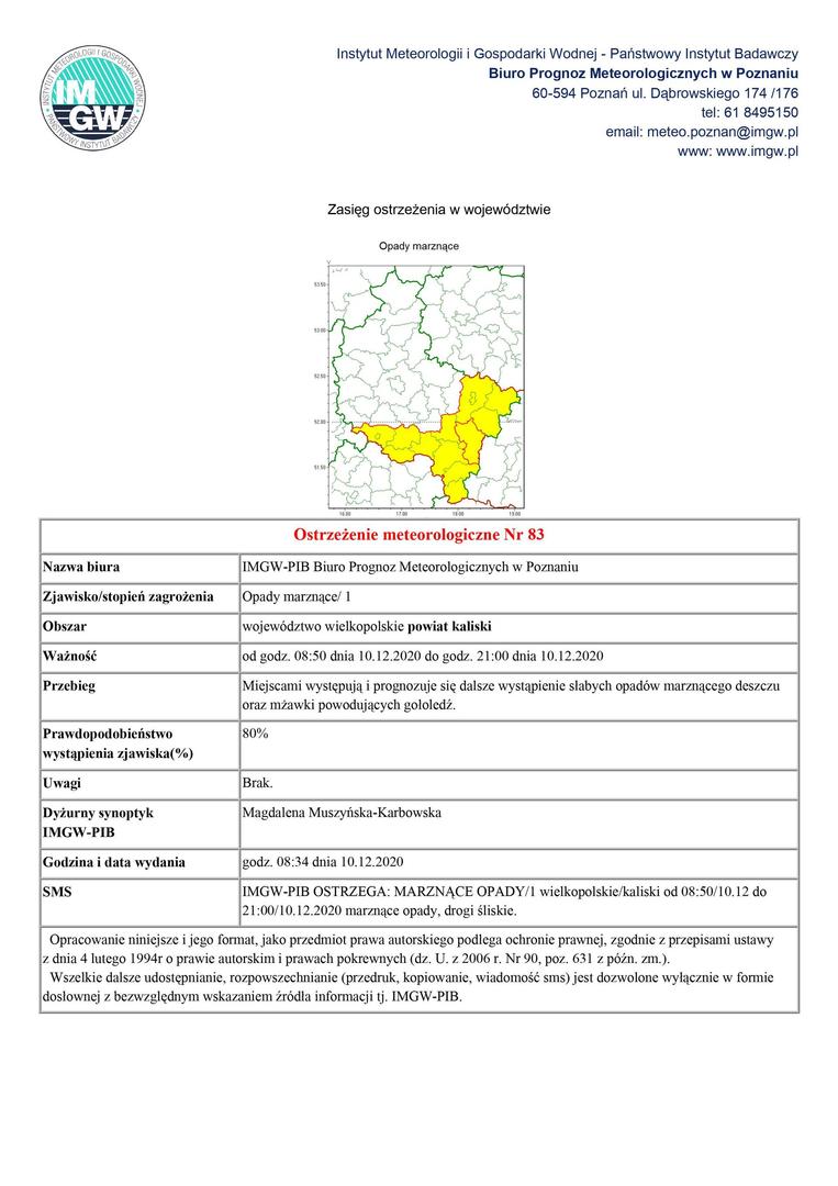 zdjęcie zawiera ostrzeżenie meteorologiczne przed marznącymi opadami w dniu 10.12.2020 r.