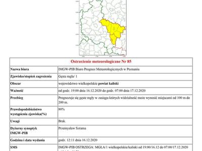 zdjęcie przedstawia mapę województwa wielkopolskiego z zaznaczonym obszarem powiatu kaliskiego na którym przewidywane jest wystąpienie gęstej mgły od godz. 19:00 dnia 16.12.2020 do godz. 07:00 dnia 17.12.2020