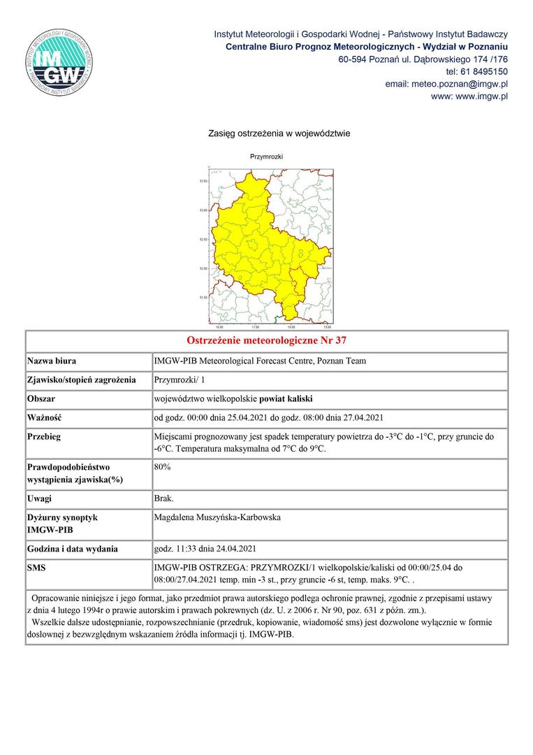 zdjęcie zawiera komunikat ostrzegawczy przed przymrozkami na terenie powiatu kaliskiego oraz przedstawia mapę powiatu kaliskiego 