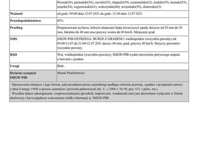 ostrzeżenie meteo dla województwa wielkopolskiego burze z gradem powiat kaliski od godz. 09:00 dnia 12.07.2021 do godz. 21:00 dnia 12.07.2021