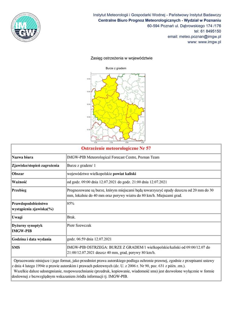 ostrzeżenie meteo dla województwa wielkopolskiego burze z gradem powiat kaliski od godz. 09:00 dnia 12.07.2021 do godz. 21:00 dnia 12.07.2021