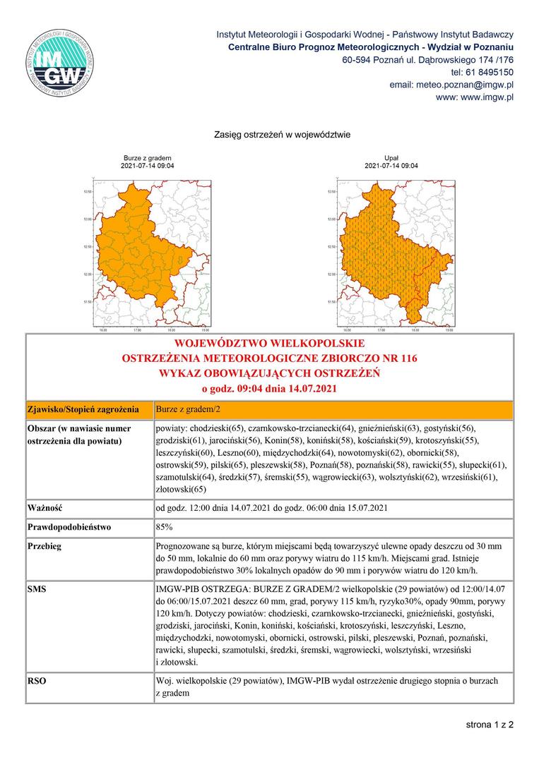 burze z gradem ostrzeżenie meteorologiczne od godz. 13:00 dnia 14.07.2021 do godz. 08:00 dnia 15.07.2021