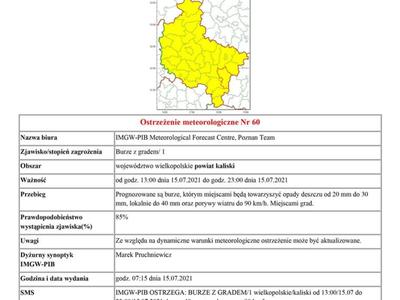 ostrzeżenie meteorologiczne burze z gradem od godz. 13:00 dnia 15.07.2021 do godz. 23:00 dnia 15.07.2021