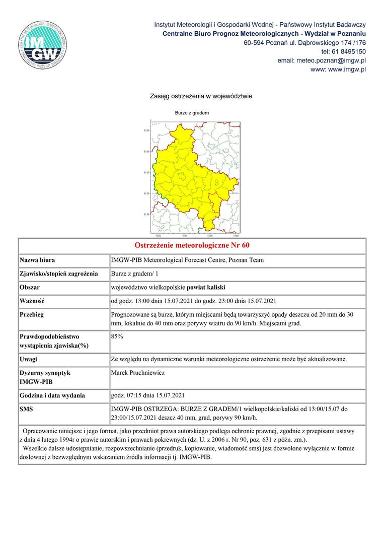 ostrzeżenie meteorologiczne burze z gradem od godz. 13:00 dnia 15.07.2021 do godz. 23:00 dnia 15.07.2021