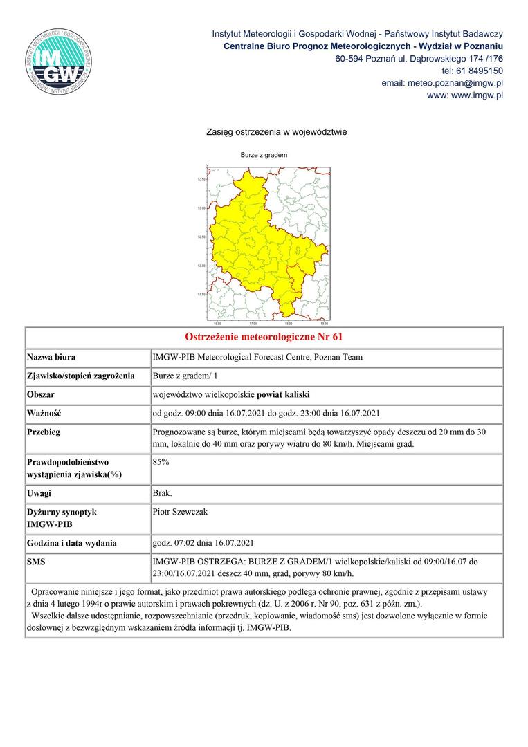 ostrzeżenie meteorologiczne - burze z gradem obowiązuje od 09:00 dnia 16.07.2021 do godz. 23:00 dnia 16.07.2021