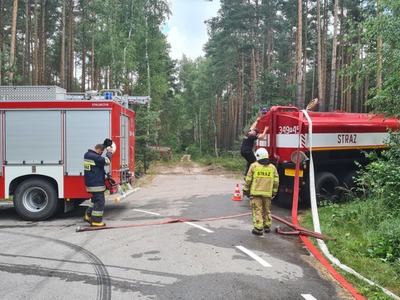 samochody pożarnicze w lesie, strażacy z wężami