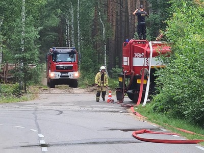 samochody pożarnicze w lesie, strażacy z wężami