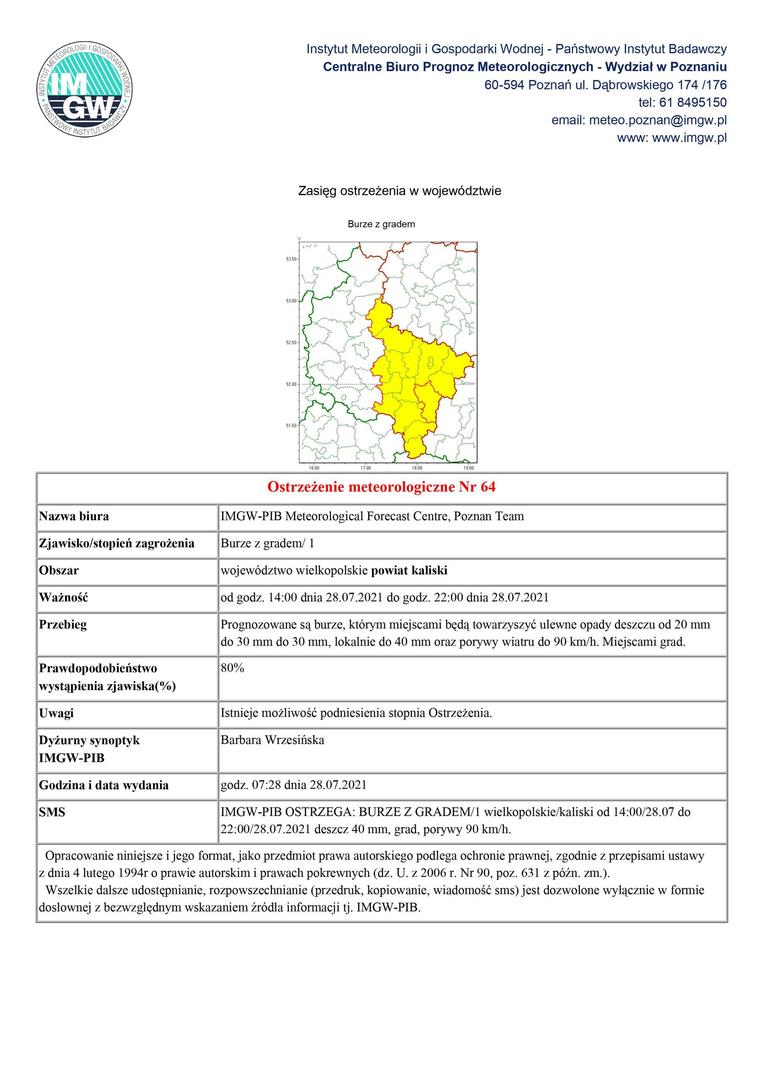 ostrzeżenie meteorologiczne burze z gradem od godz. 14:00 dnia 28.07.2021 do godz. 22:00 dnia 28.07.2021