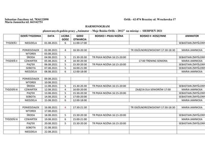 Harmonogram zajęć na boisku Orlik w Brzezinach - sierpień 2021.