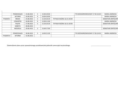Harmonogram zajęć na boisku Orlik w Brzezinach - sierpień 2021.