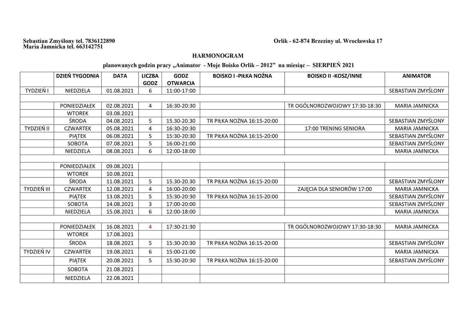 Harmonogram zajęć na boisku Orlik w Brzezinach - sierpień 2021.