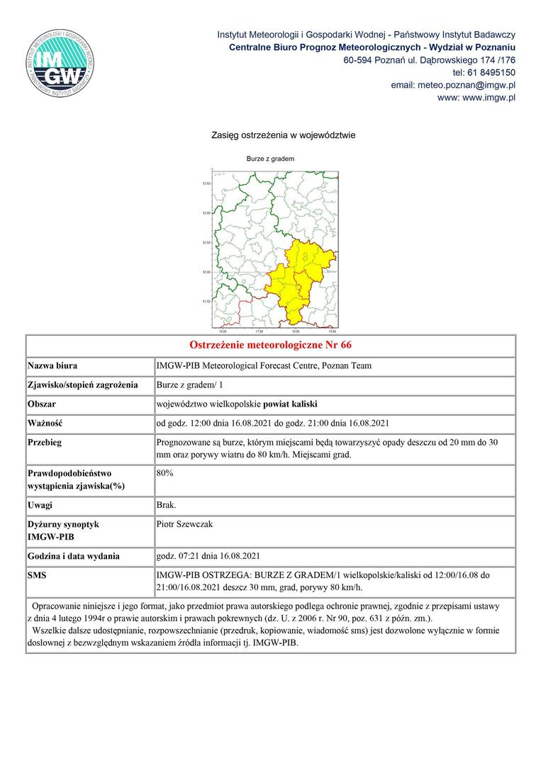 ostrzeżenie meteorologiczne burze z gradem od godz. 12:00 dnia 16.08.2021 do godz. 21:00 dnia 16.08.2021