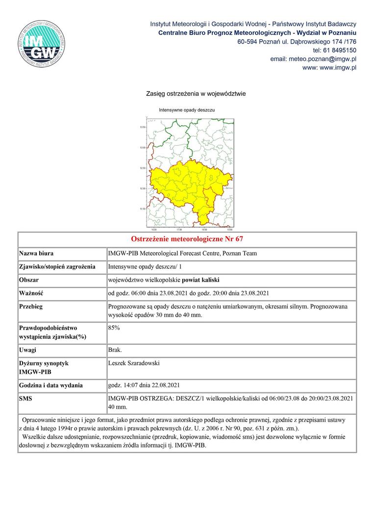 ostrzeżenie meteorologiczne - intensywne opady deszczu od godz. 06:00 dnia 23.08.2021 do godz. 20:00 dnia 23.08.2021