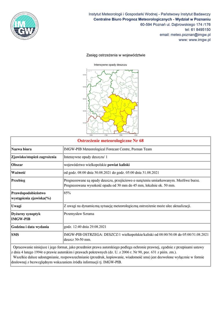 ostrzeżenie meteorologiczne intensywne opady deszczu od godz. 08:00 dnia 30.08.2021 do godz. 05:00 dnia 31.08.2021