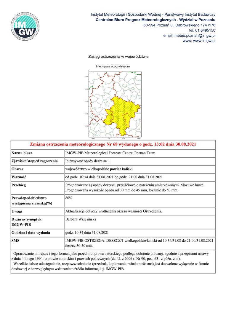ostrzeżenie meteorologiczne intensywne opady deszczu od godz. 10:34 dnia 31.08.2021 do godz. 21:00 dnia 31.08.2021