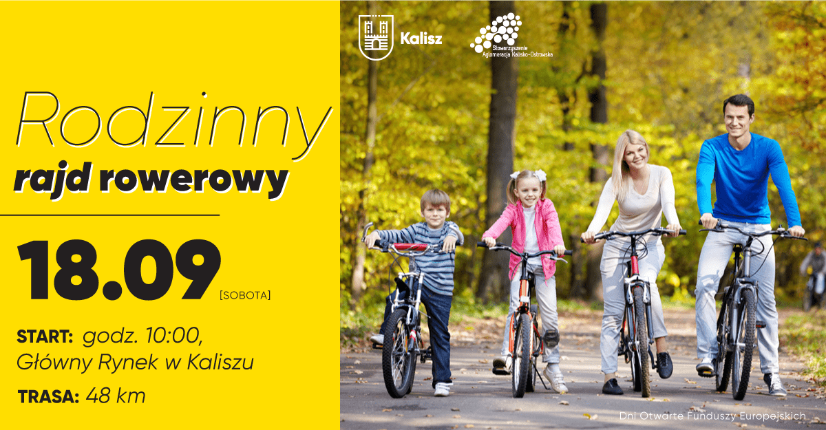 Żółty plakat zaproszenie na Rajd Rowerowy, na zdjęciu rowerzyści