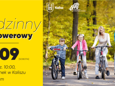 Żółty plakat zaproszenie na Rajd Rowerowy, na zdjęciu rowerzyści