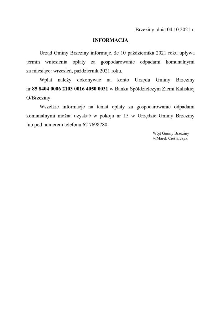 Informacja o terminie wniesienia opłaty za odpady komunalne