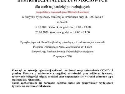 informacja o dystrybucji paczek żywnościowych 19 i 20 października 2021