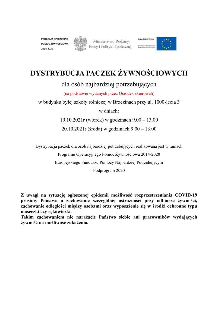 informacja o dystrybucji paczek żywnościowych 19 i 20 października 2021 
