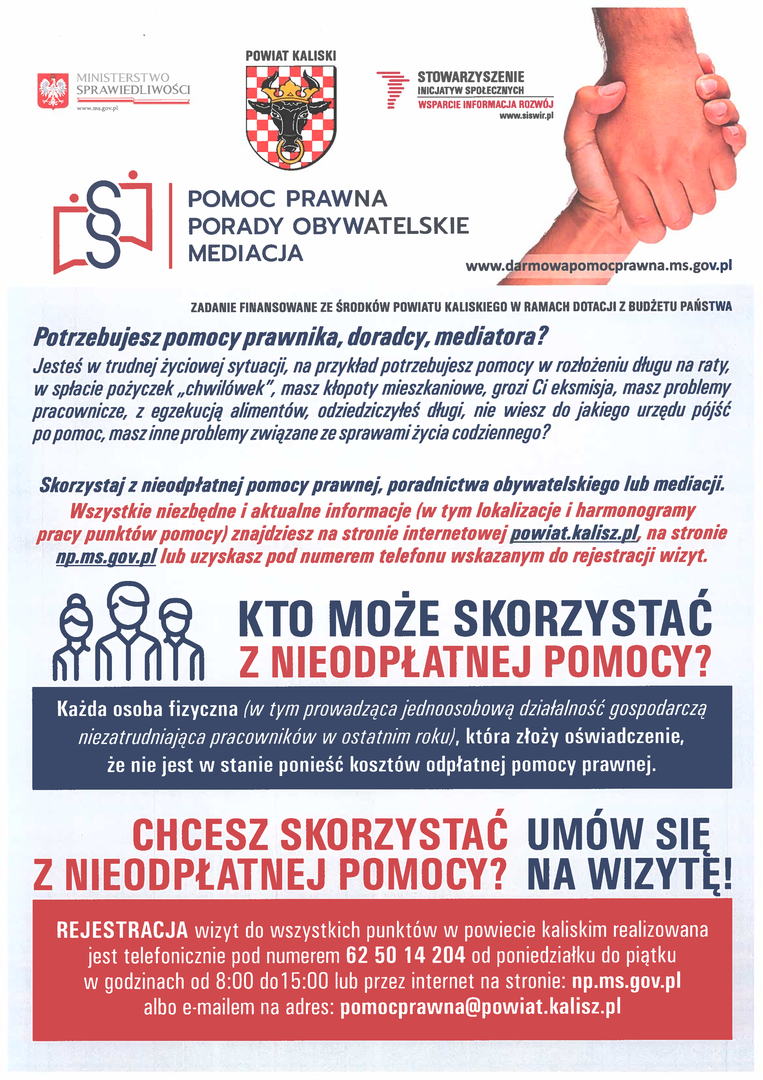 plakat z informacjami o Bezpłatnej Pomocy Prawnej i Poradach Obywatelskich