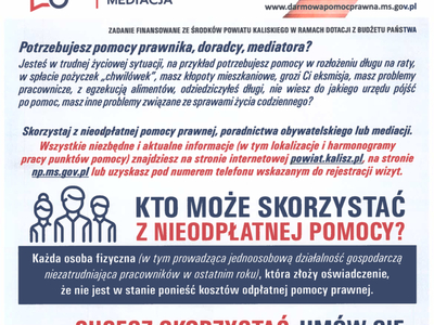 plakat z informacjami o Bezpłatnej Pomocy Prawnej i Poradach Obywatelskich