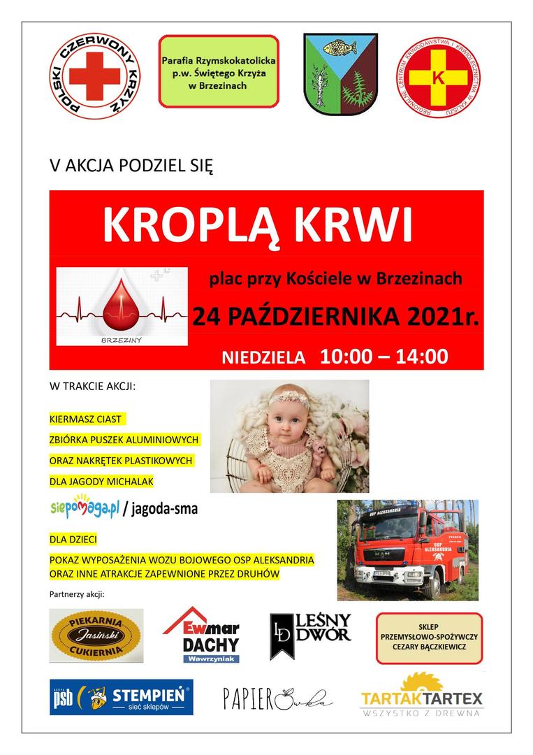 plakat informujący o akcji podziel się kroplą krwi w dniu 24.10.2021 r.