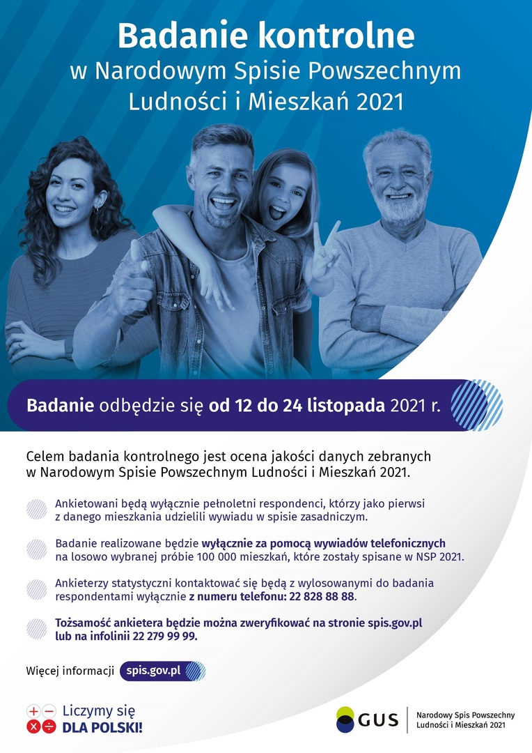 Zdjęcie zawiera informację o badaniu kontrolnym w Narodowym Spisie Powszechnym Ludności i Mieszkań w 2021 roku (12-24 listopada 2021).