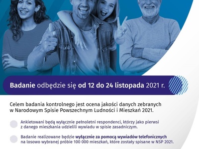 Zdjęcie zawiera informację o badaniu kontrolnym w Narodowym Spisie Powszechnym Ludności i Mieszkań w 2021 roku (12-24 listopada 2021).