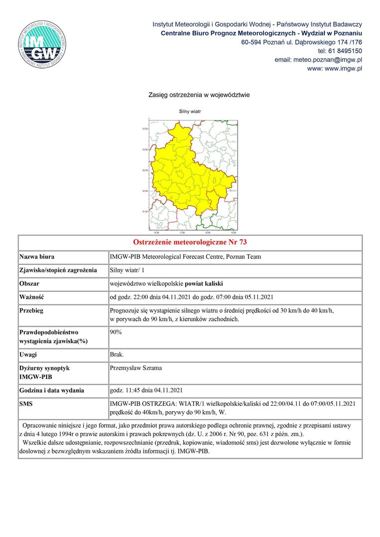 04.11.2021 Ostrzeżenie meteorologiczne - silny wiatr
