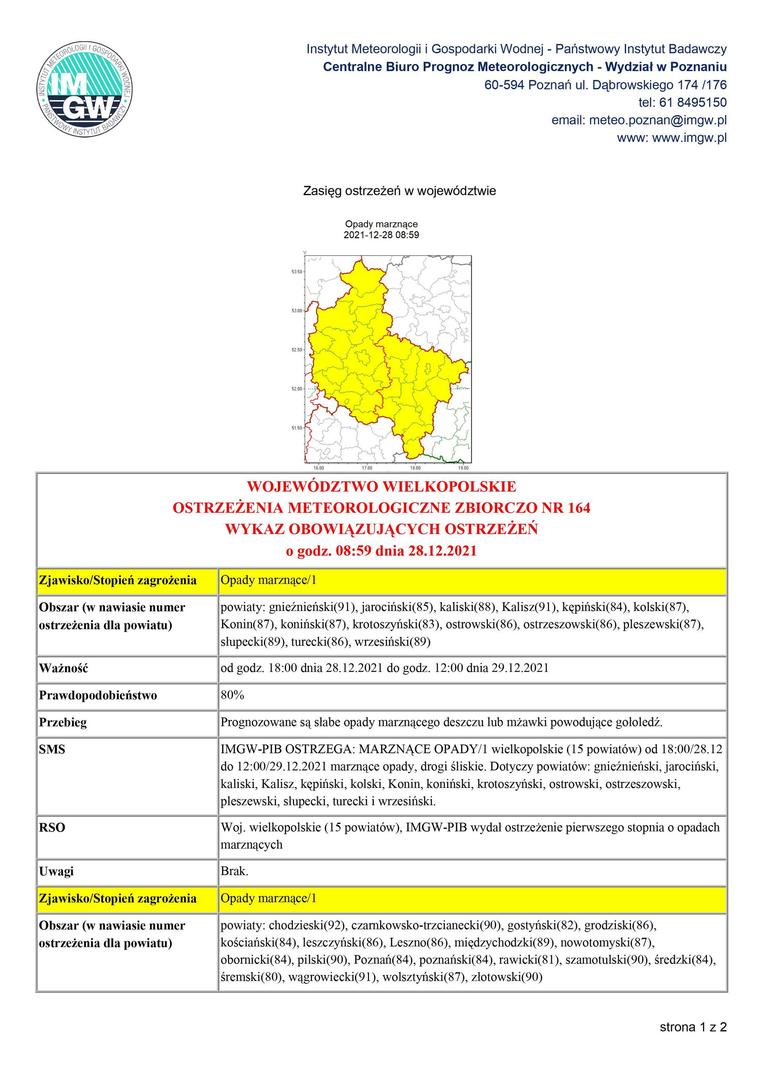 ostrzeżenie meteorologiczne marznące opady od godz. 18:00 dnia 28.12.2021 do godz. 12:00 dnia 29.12.2021