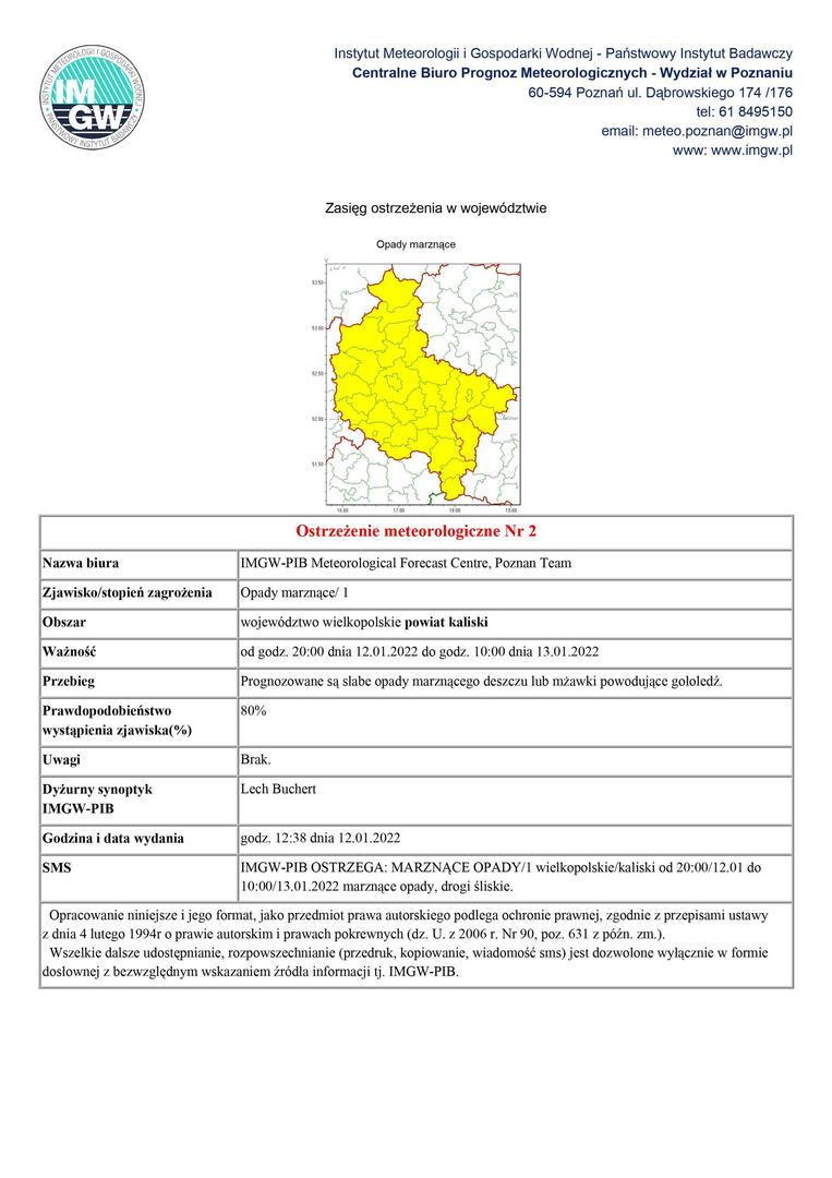 Ostrzeżenie meteorologiczne o marznących opadach obowiązujące od godz. 20:00 dnia 12.01.2022 do godz. 10:00 dnia 13.01.2022