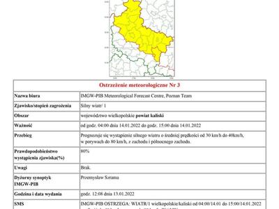 Ostrzeżenie meteorologiczne o silnym wietrze obowiązujące od godz. 04:00 dnia 14.01.2022 do godz. 15:00 dnia 14.01.2022