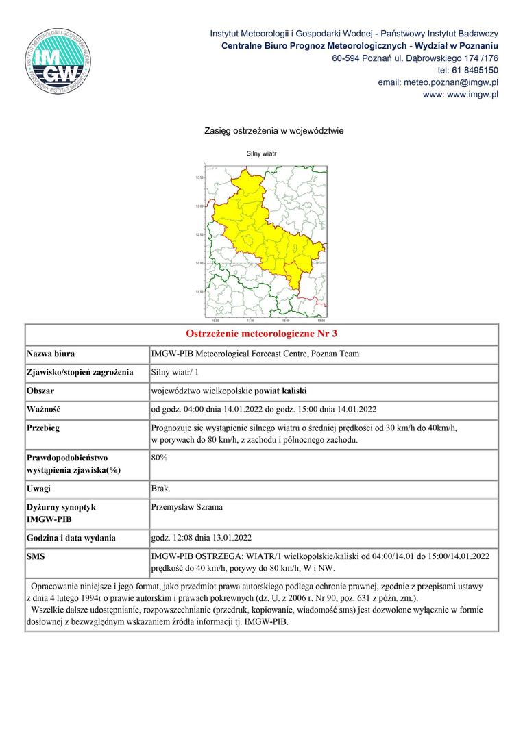 Ostrzeżenie meteorologiczne o silnym wietrze obowiązujące od godz. 04:00 dnia 14.01.2022 do godz. 15:00 dnia 14.01.2022