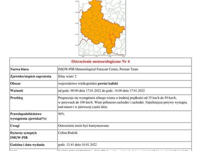 17.01.2022 ostrzeżenie meteorologiczne przed silnym wiatrem obowiązujące od godz. 00:00 dnia 17.01.2022 do godz. 16:00 dnia 17.01.2022